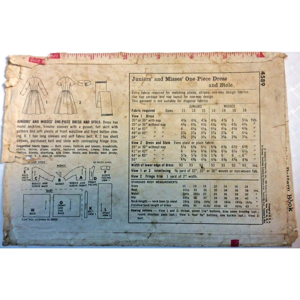 VTG 1962 Simplicity Sewing Pattern Misses One-Piece Dress & Stole Size 14 #4589